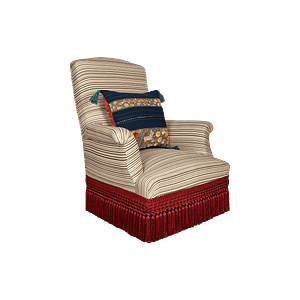 SASC-002 Pair of straight back scroll arm slipper chairs in Horizon Stripe Red Pepper Fabric and with ornate red woven fringe