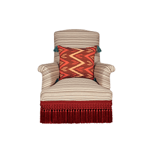SASC-002D Pair of straight back scroll arm slipper chairs in Horizon Stripe Red Pepper Fabric and with ornate red woven fringe