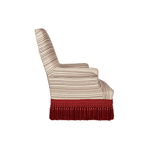 SASC-002F Pair of straight back scroll arm slipper chairs in Horizon Stripe Red Pepper Fabric and with ornate red woven fringe