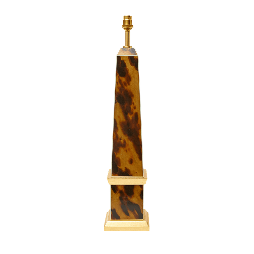 Handpainted tortoiseshell obelisk lamp with gold base and banding