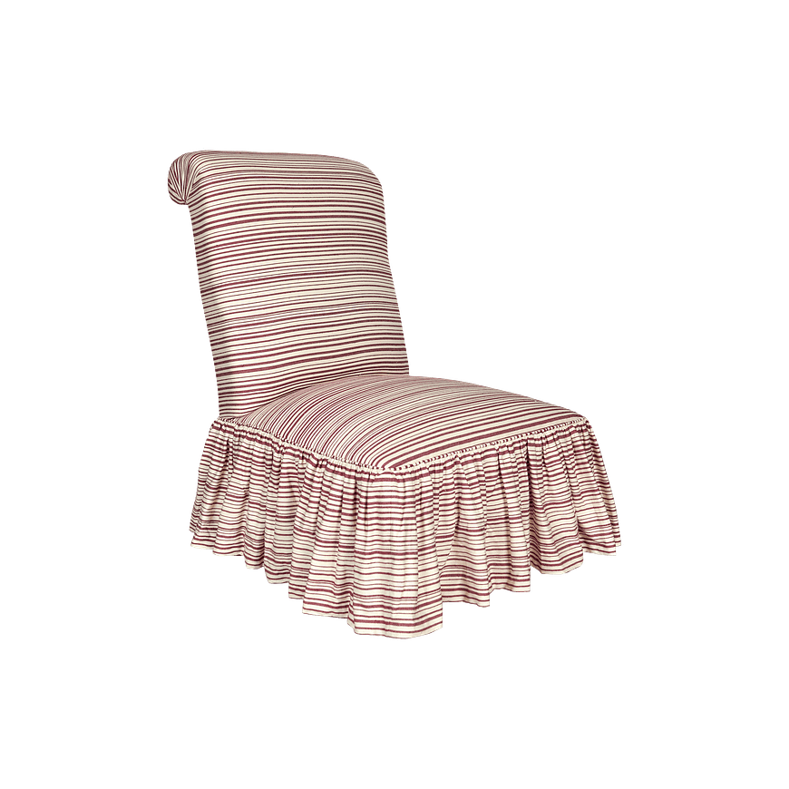 Scrollback armless slipper chair with gathered skirt in Horizon Stripe Pepper Red