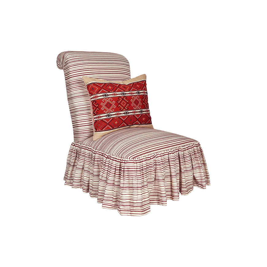 Scrollback armless slipper chair with gathered skirt in Horizon Stripe Pepper Red